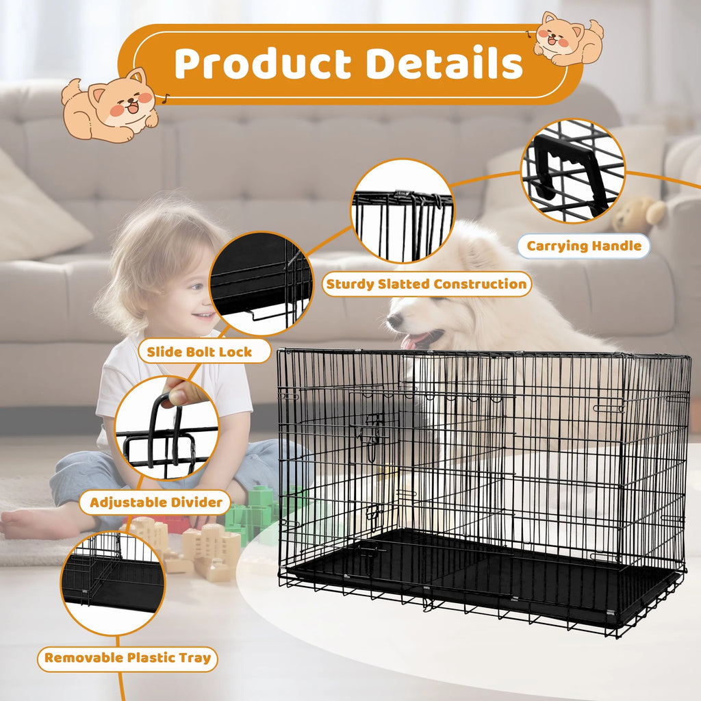 Spacious 48 Inch Foldable Dog Crate - Durable Double-Door Metal Cage for Large Dogs with Easy-Clean Plastic Tray - Perfect for Indoor and Outdoor Use!