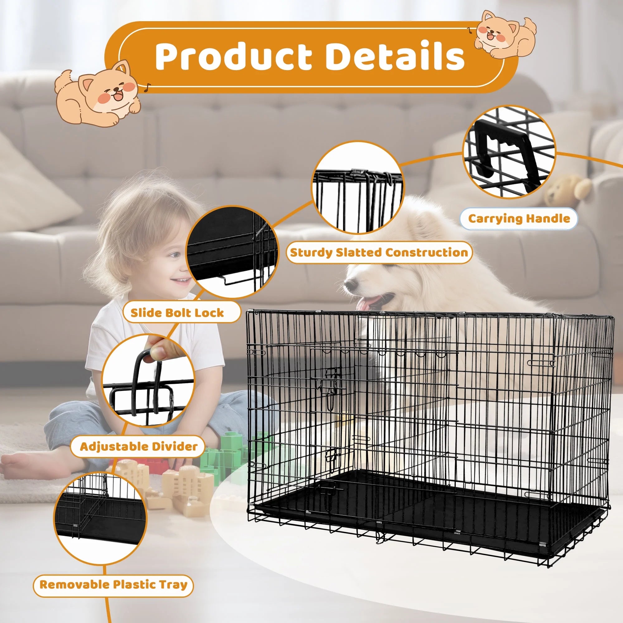 Spacious 48 Inch Foldable Dog Crate - Durable Double-Door Metal Cage for Large Dogs with Easy-Clean Plastic Tray - Perfect for Indoor and Outdoor Use!