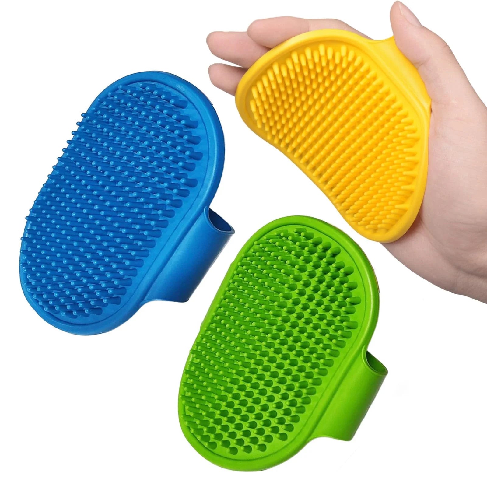 Pamper Your Pets with the 3-Pack Adjustable Soft Silicone Bath Brush Set for Dogs and Cats - Perfect for Grooming and Relaxation in Blue, Green, and Yellow