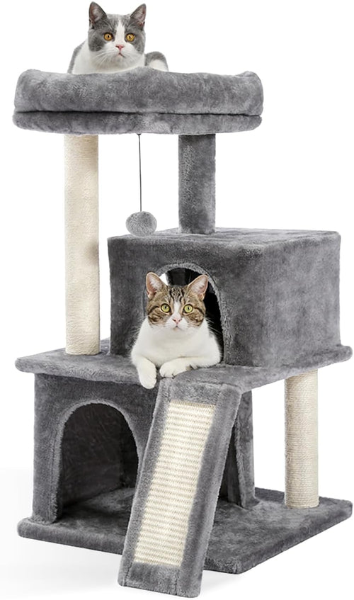 Deluxe 34-Inch Multilevel Cat Tree with Double Condos, Spacious Perch, and Sisal-Wrapped Scratching Post - Gray