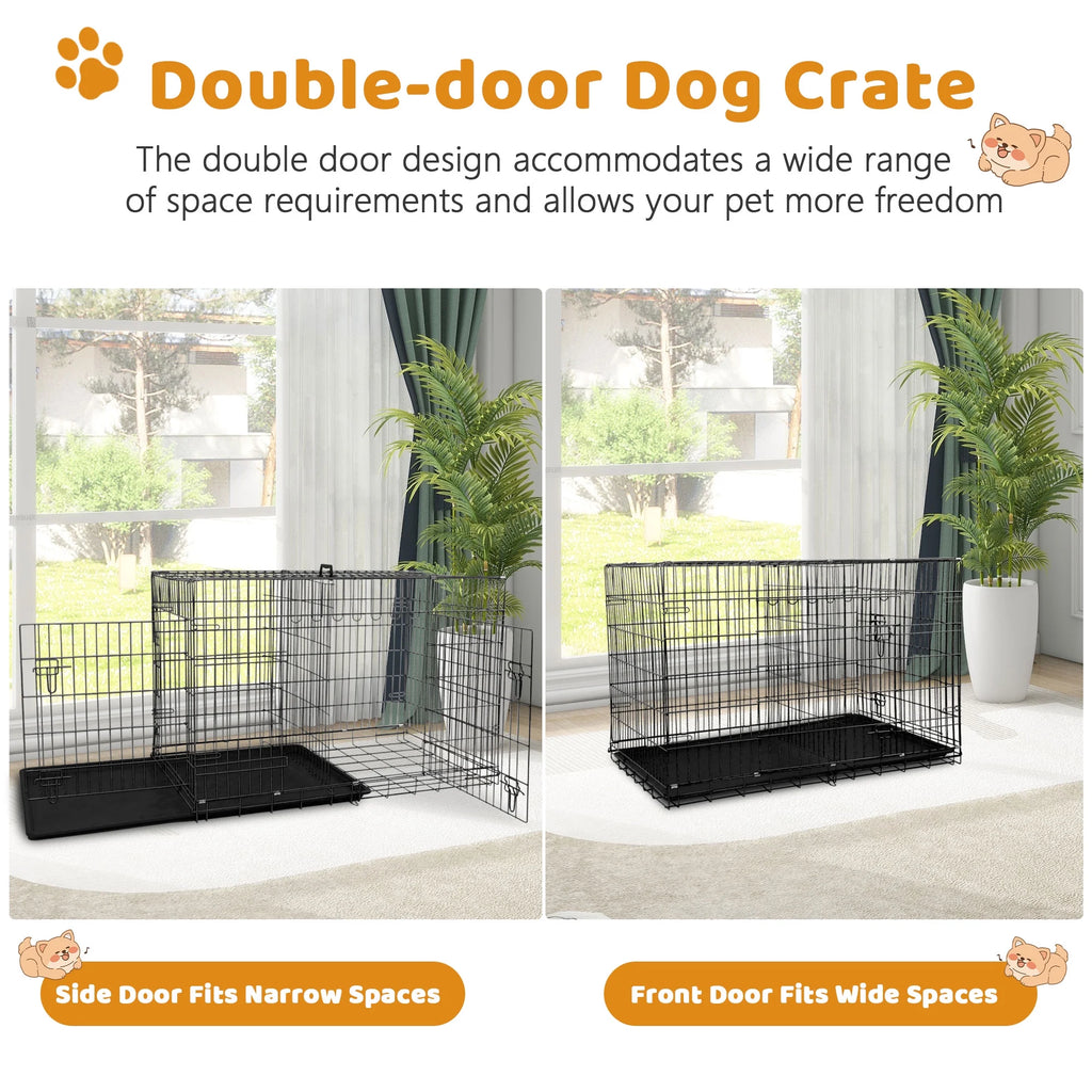 Spacious 48 Inch Foldable Dog Crate - Durable Double-Door Metal Cage for Large Dogs with Easy-Clean Plastic Tray - Perfect for Indoor and Outdoor Use!