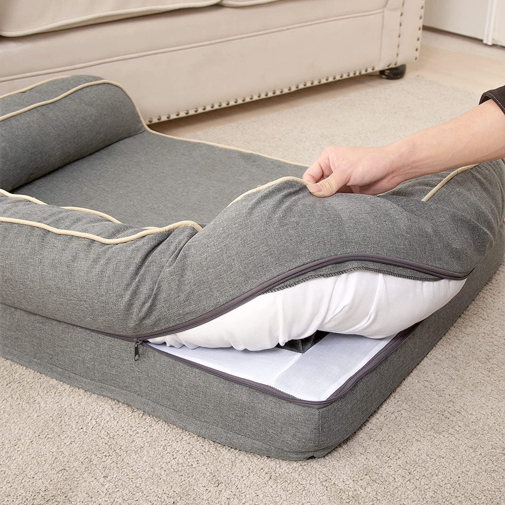 Deluxe Orthopedic Dog Sofa Bed - Comfortable Egg Foam Mattress & Washable Linen Cover for All Dog Sizes (Grey, Small)
