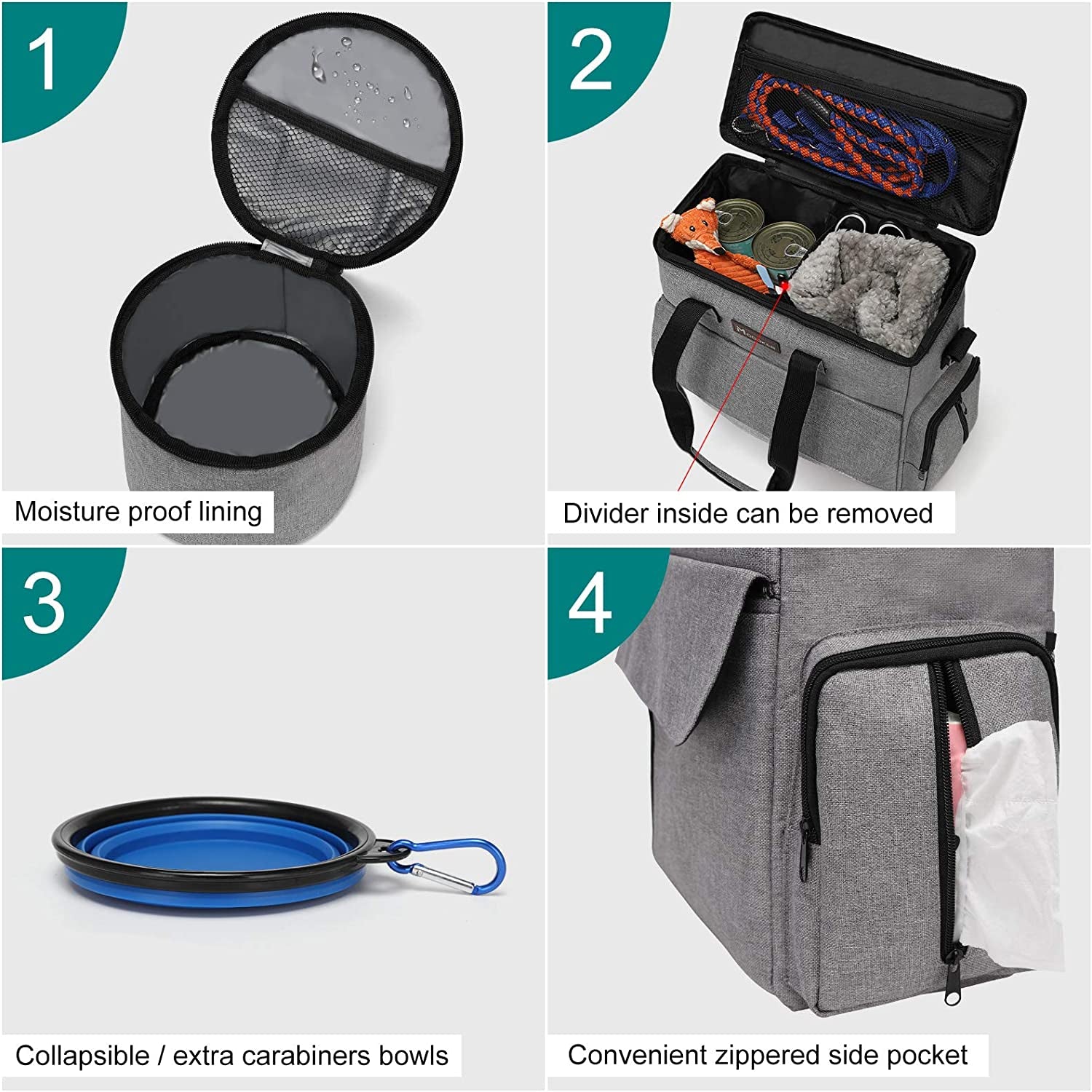 Ultimate Dog Travel Bag: Weekend Pet Travel Set for Dogs and Cats - Airline Approved Tote with Multi-Function Pockets, Food Storage Containers, Collapsible Bowls, and Feeding Mat in Stylish Grey