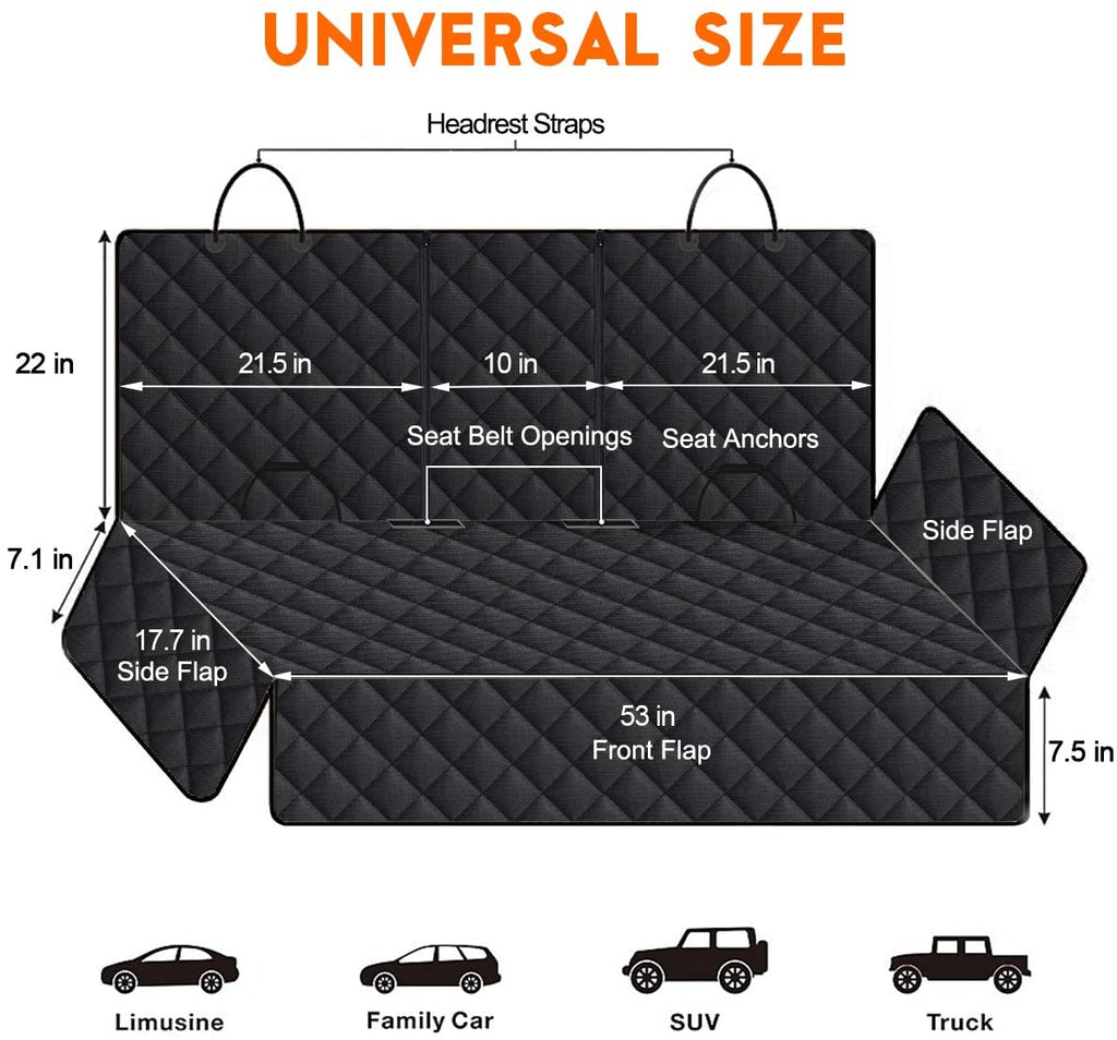 Ultimate Waterproof Dog Car Seat Cover - Non-Slip Back Seat Protector for Cars, Trucks & SUVs - Fits Middle Armrest - Black