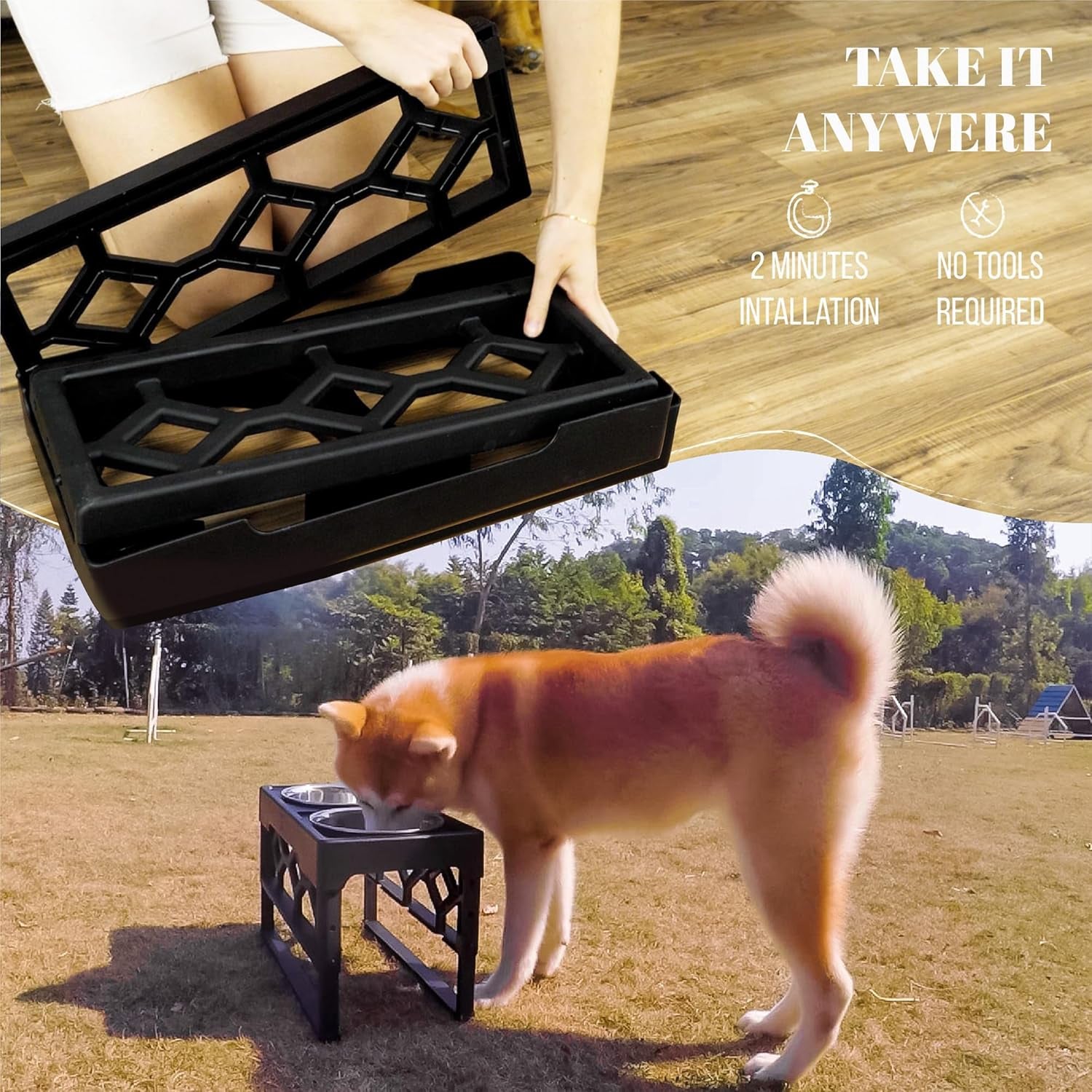Adjustable Elevated Dog Bowls for Medium to Large Dogs - Raised Feeder with 2 Stainless Steel Bowls and Anti-Slip Base
