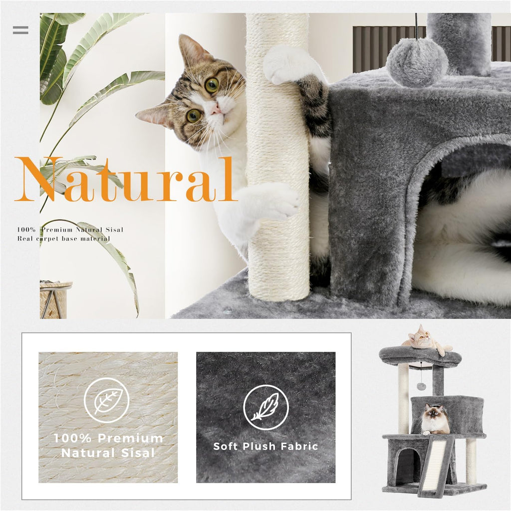 Deluxe 34-Inch Multilevel Cat Tree with Double Condos, Spacious Perch, and Sisal-Wrapped Scratching Post - Gray