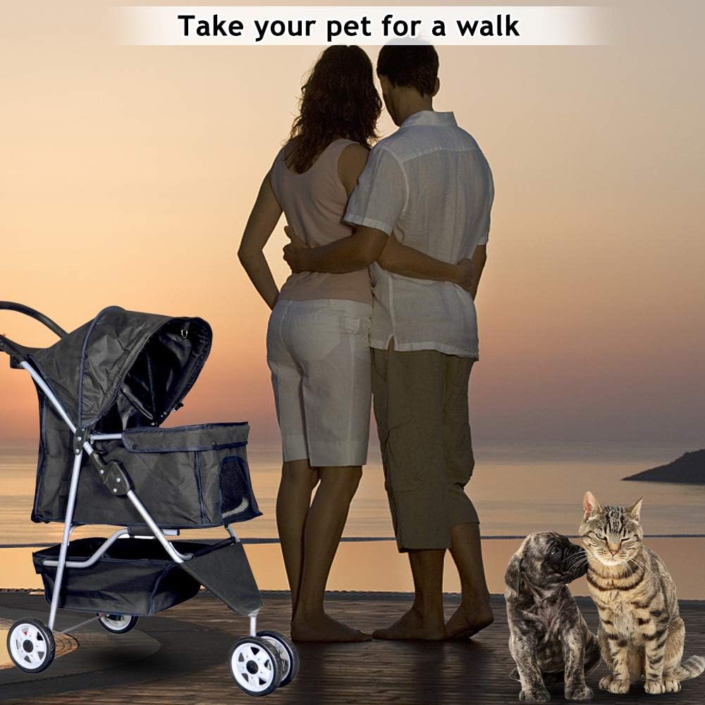 Lightweight 3-Wheel Pet Stroller for Small & Medium Dogs and Cats - Foldable, Breathable Mesh, Weather Cover & Storage Basket for Outdoor Adventures (Black)