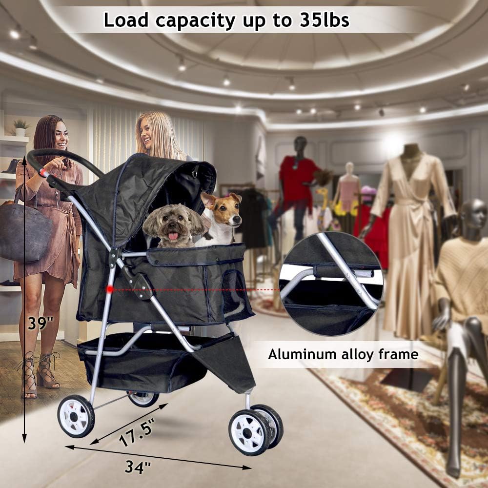 Lightweight 3-Wheel Pet Stroller for Small & Medium Dogs and Cats - Foldable, Breathable Mesh, Weather Cover & Storage Basket for Outdoor Adventures (Black)