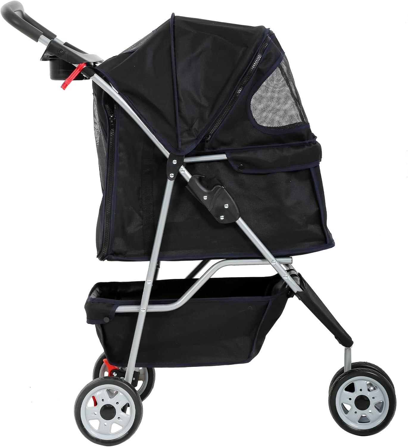 Lightweight 3-Wheel Pet Stroller for Small & Medium Dogs and Cats - Foldable, Breathable Mesh, Weather Cover & Storage Basket for Outdoor Adventures (Black)