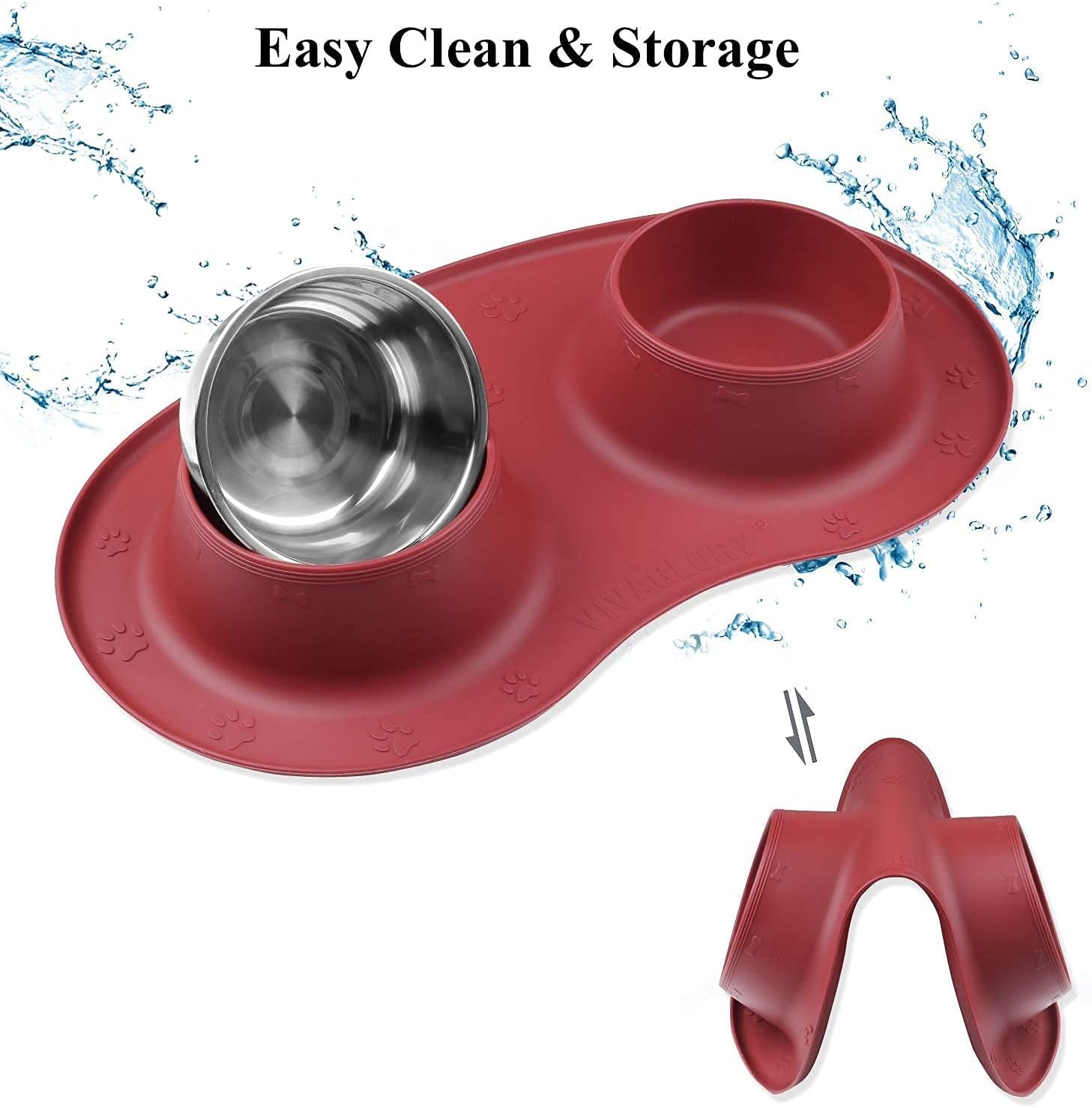 Elevate Your Pet's Dining Experience with Our Stylish Double Stainless Steel Dog Bowls and Non-Slip Silicone Mat in Burgundy