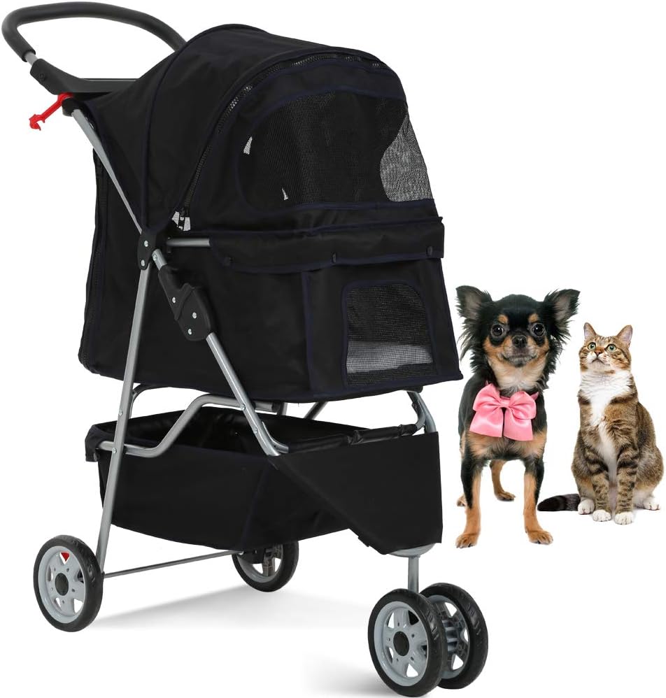 Lightweight 3-Wheel Pet Stroller for Small & Medium Dogs and Cats - Foldable, Breathable Mesh, Weather Cover & Storage Basket for Outdoor Adventures (Black)