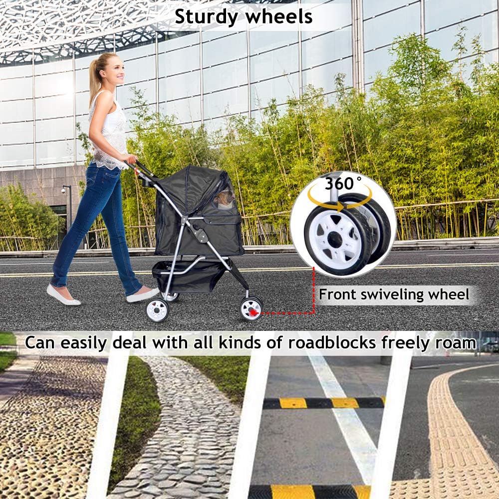 Lightweight 3-Wheel Pet Stroller for Small & Medium Dogs and Cats - Foldable, Breathable Mesh, Weather Cover & Storage Basket for Outdoor Adventures (Black)