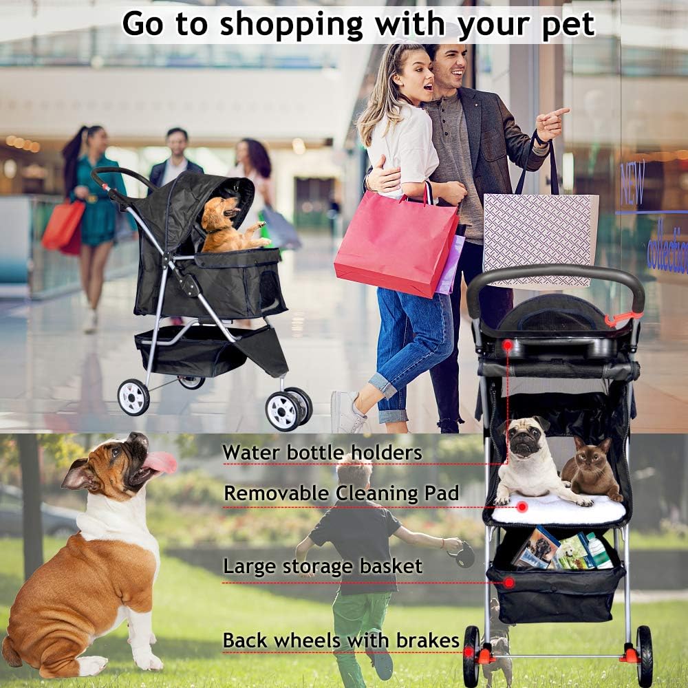Lightweight 3-Wheel Pet Stroller for Small & Medium Dogs and Cats - Foldable, Breathable Mesh, Weather Cover & Storage Basket for Outdoor Adventures (Black)