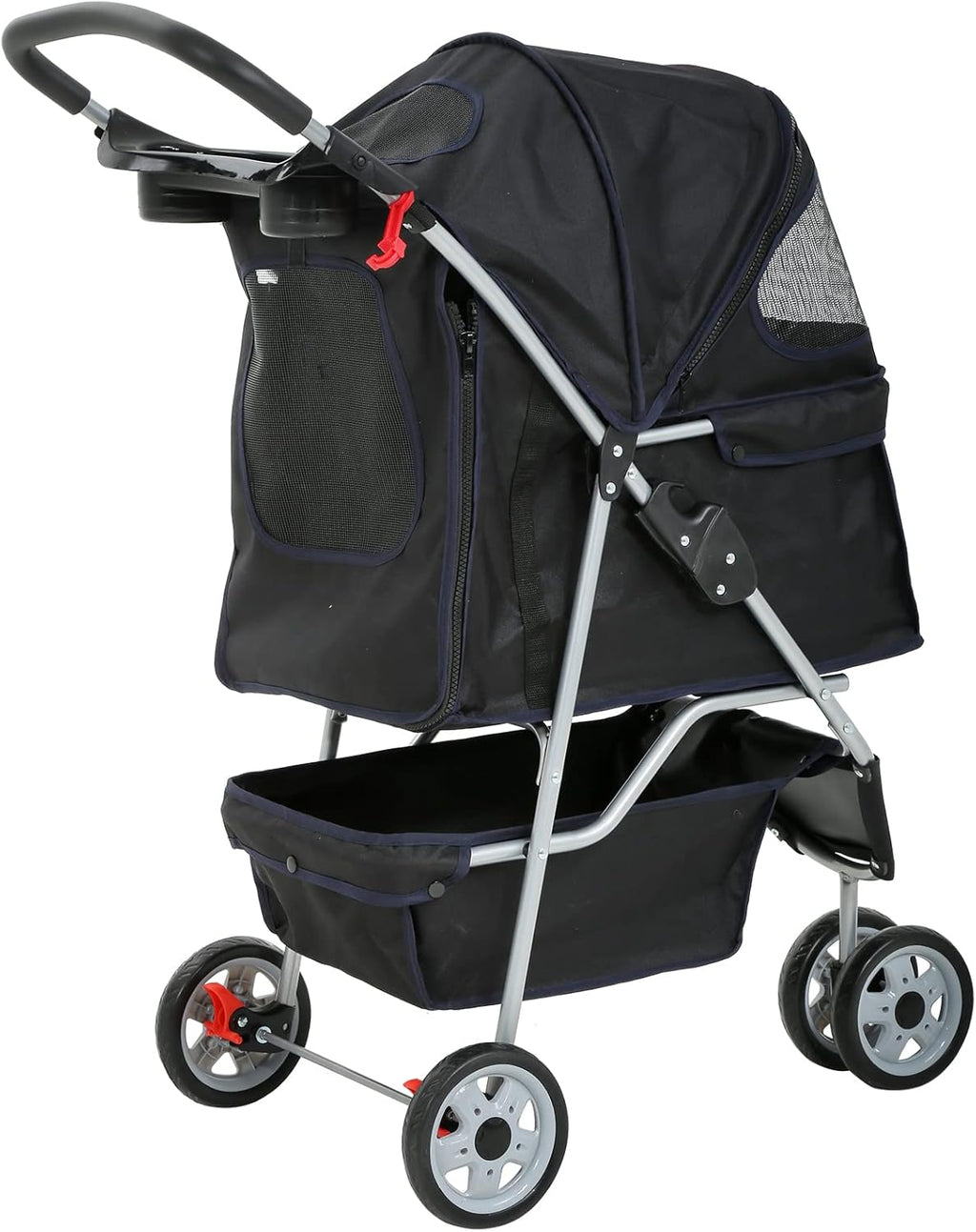 Lightweight 3-Wheel Pet Stroller for Small & Medium Dogs and Cats - Foldable, Breathable Mesh, Weather Cover & Storage Basket for Outdoor Adventures (Black)
