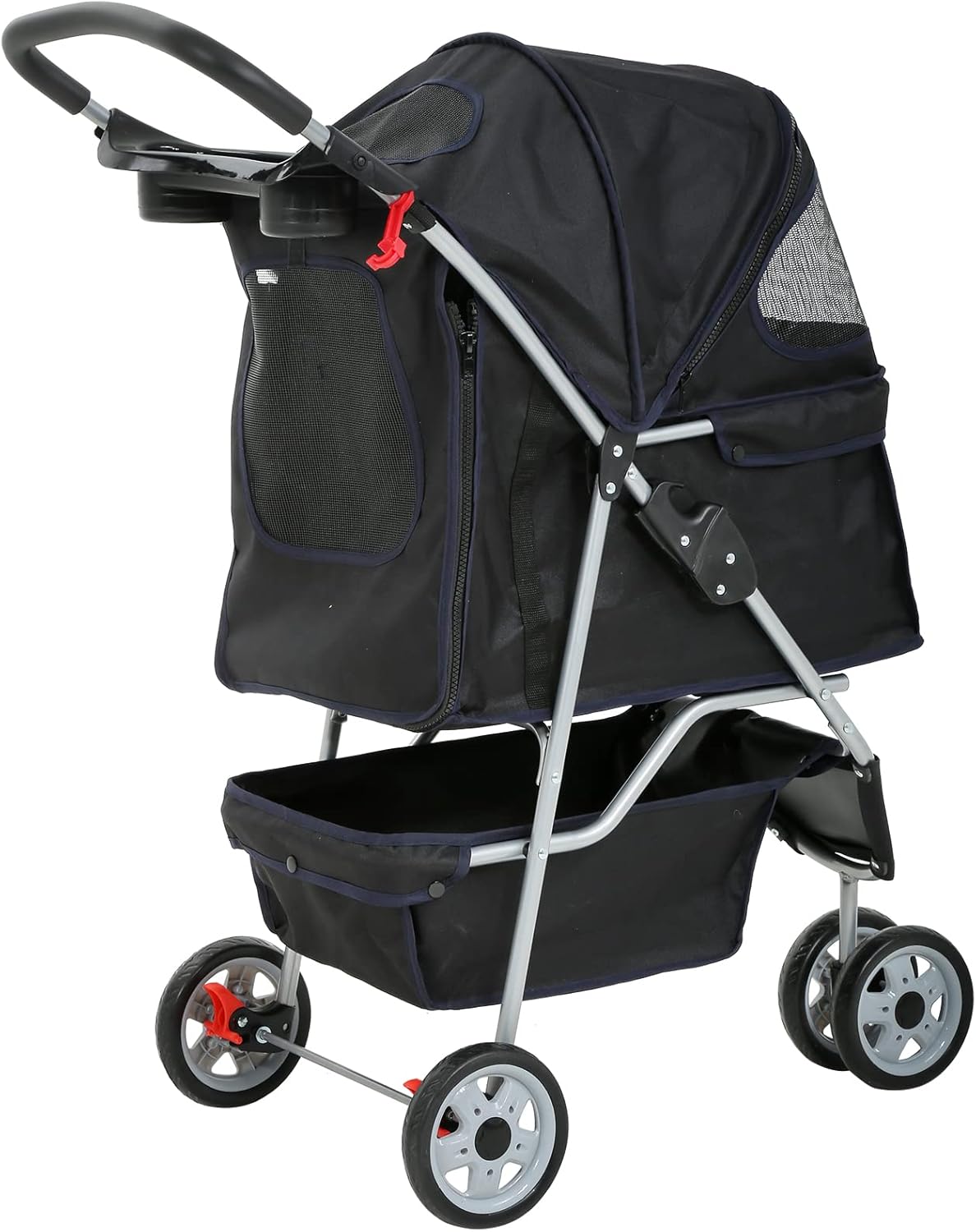Lightweight 3-Wheel Pet Stroller for Small & Medium Dogs and Cats - Foldable, Breathable Mesh, Weather Cover & Storage Basket for Outdoor Adventures (Black)