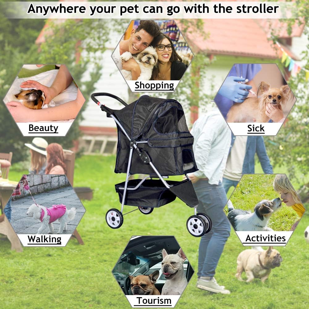 Lightweight 3-Wheel Pet Stroller for Small & Medium Dogs and Cats - Foldable, Breathable Mesh, Weather Cover & Storage Basket for Outdoor Adventures (Black)