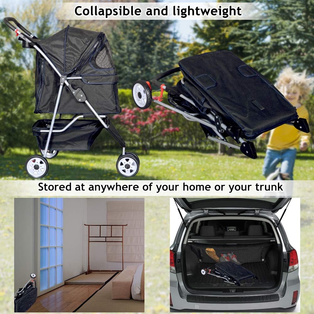 Lightweight 3-Wheel Pet Stroller for Small & Medium Dogs and Cats - Foldable, Breathable Mesh, Weather Cover & Storage Basket for Outdoor Adventures (Black)