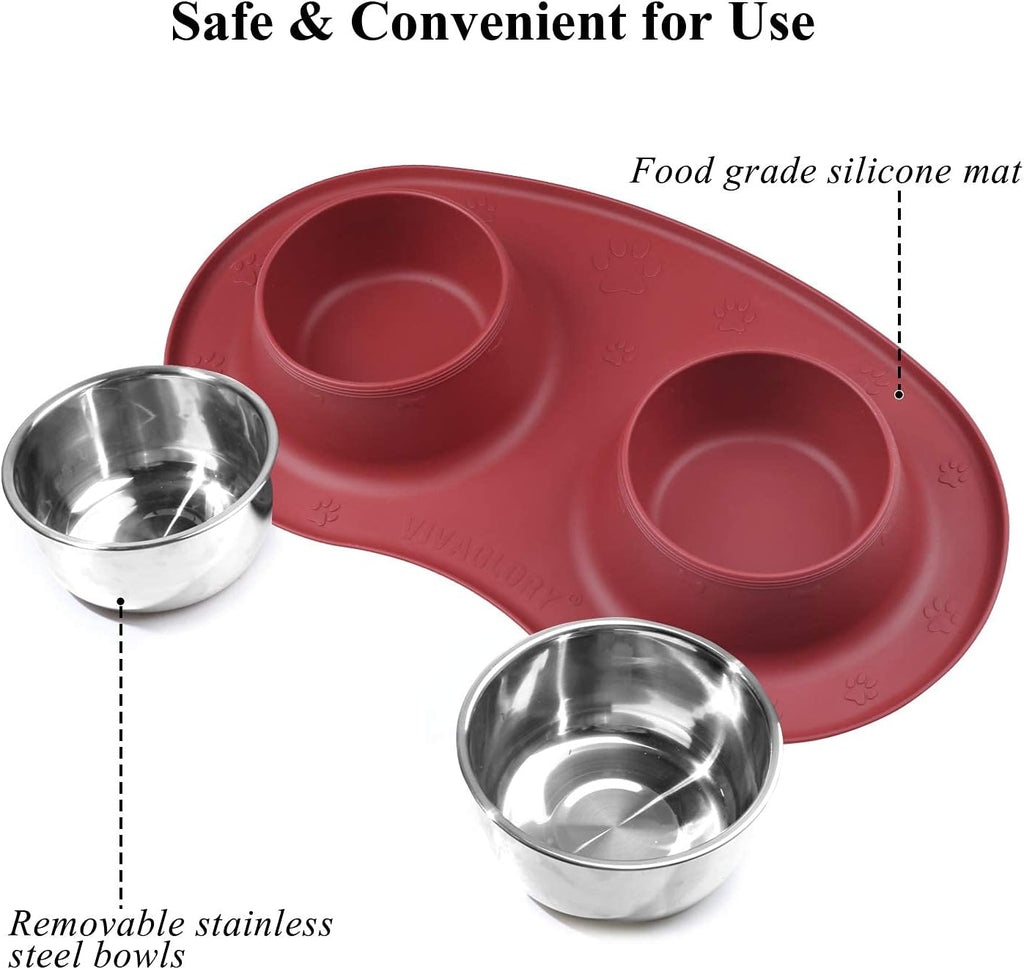 Elevate Your Pet's Dining Experience with Our Stylish Double Stainless Steel Dog Bowls and Non-Slip Silicone Mat in Burgundy