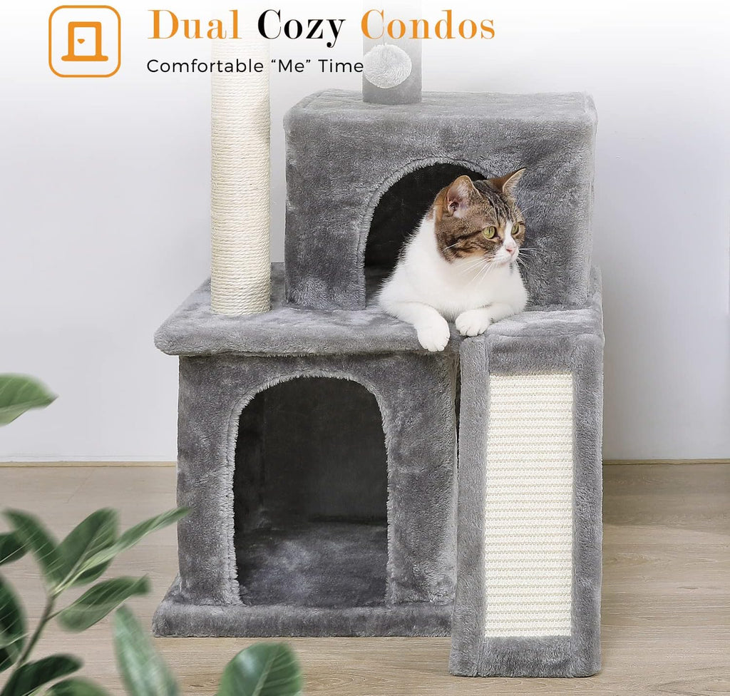 Deluxe 34-Inch Multilevel Cat Tree with Double Condos, Spacious Perch, and Sisal-Wrapped Scratching Post - Gray