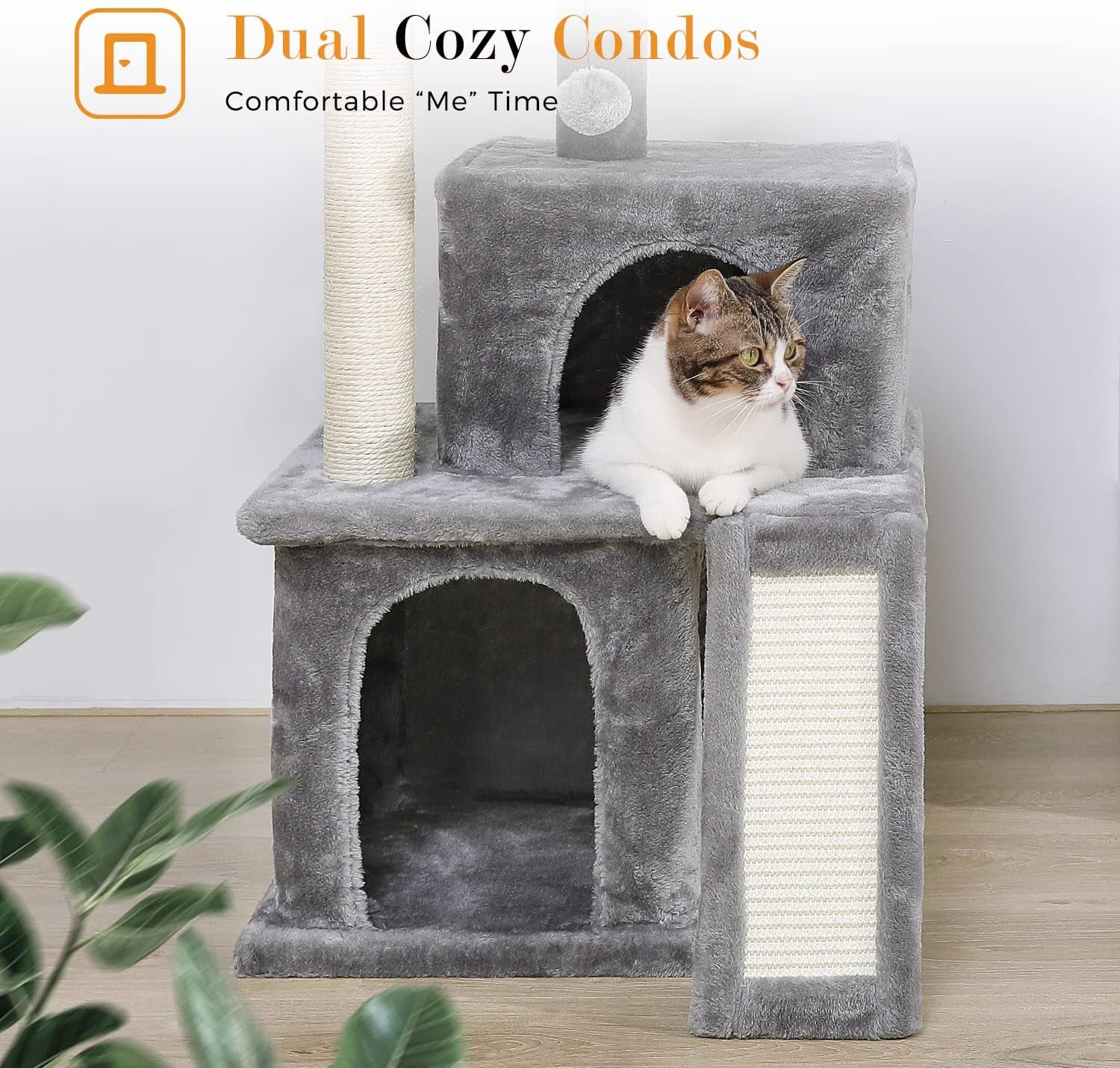 Deluxe 34-Inch Multilevel Cat Tree with Double Condos, Spacious Perch, and Sisal-Wrapped Scratching Post - Gray