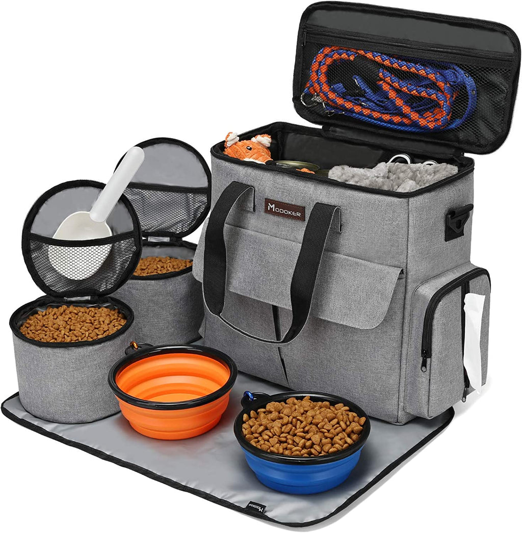 Ultimate Dog Travel Bag: Weekend Pet Travel Set for Dogs and Cats - Airline Approved Tote with Multi-Function Pockets, Food Storage Containers, Collapsible Bowls, and Feeding Mat in Stylish Grey