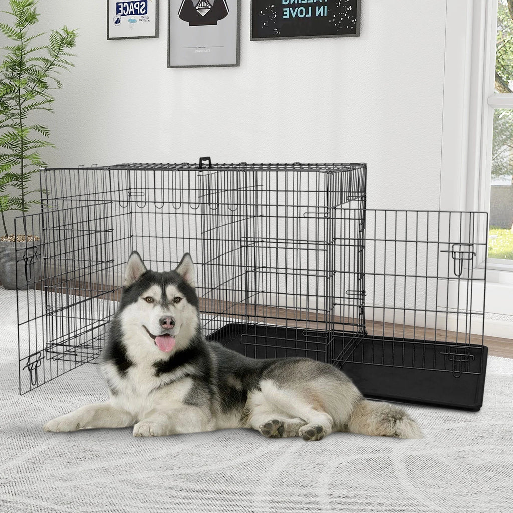 Spacious 48 Inch Foldable Dog Crate - Durable Double-Door Metal Cage for Large Dogs with Easy-Clean Plastic Tray - Perfect for Indoor and Outdoor Use!