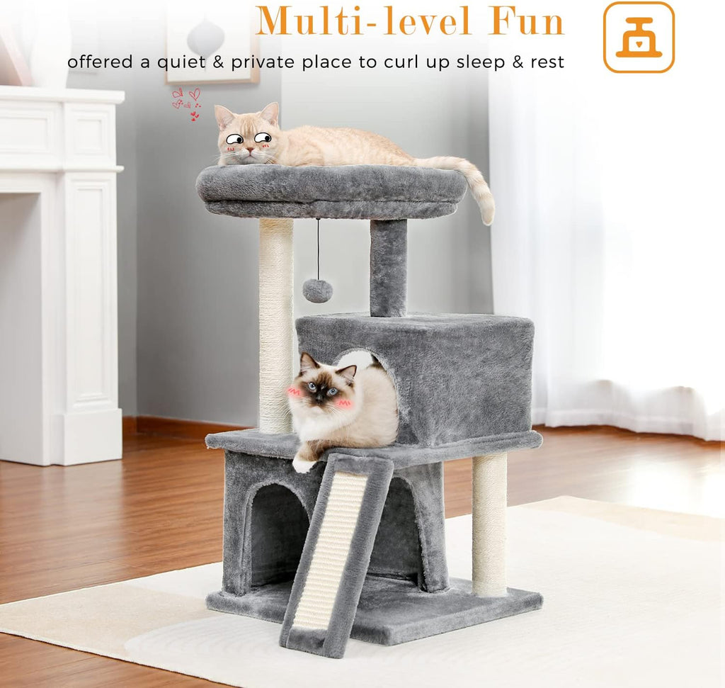 Deluxe 34-Inch Multilevel Cat Tree with Double Condos, Spacious Perch, and Sisal-Wrapped Scratching Post - Gray
