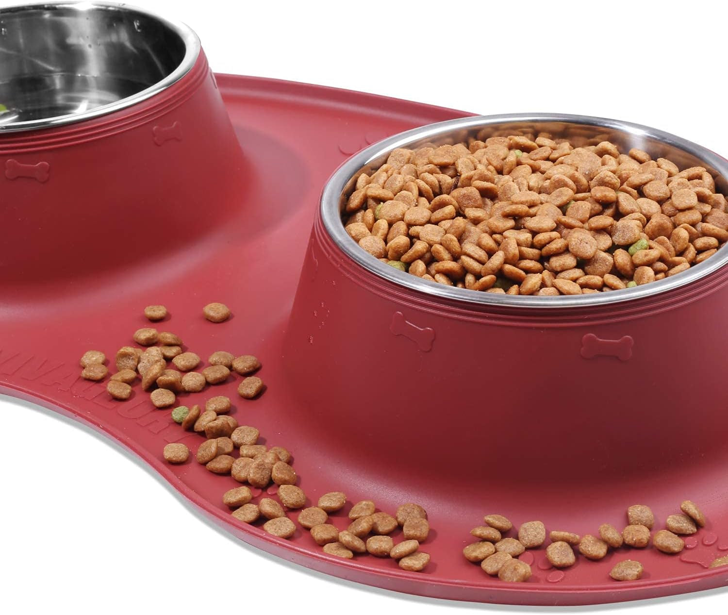 Elevate Your Pet's Dining Experience with Our Stylish Double Stainless Steel Dog Bowls and Non-Slip Silicone Mat in Burgundy
