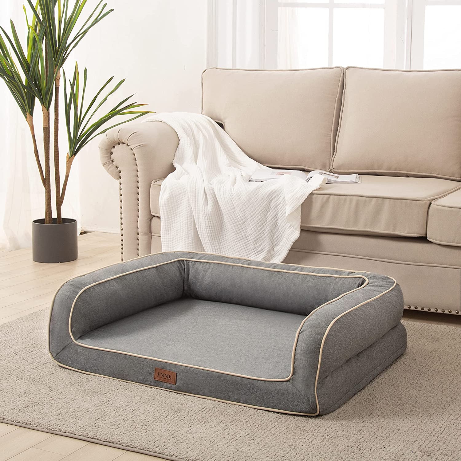 Deluxe Orthopedic Dog Sofa Bed - Comfortable Egg Foam Mattress & Washable Linen Cover for All Dog Sizes (Grey, Small)