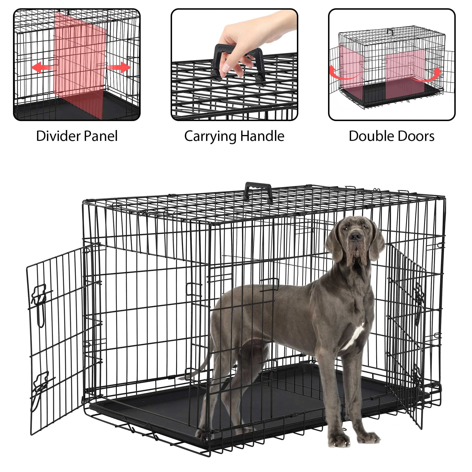 Spacious 48 Inch Foldable Dog Crate - Durable Double-Door Metal Cage for Large Dogs with Easy-Clean Plastic Tray - Perfect for Indoor and Outdoor Use!