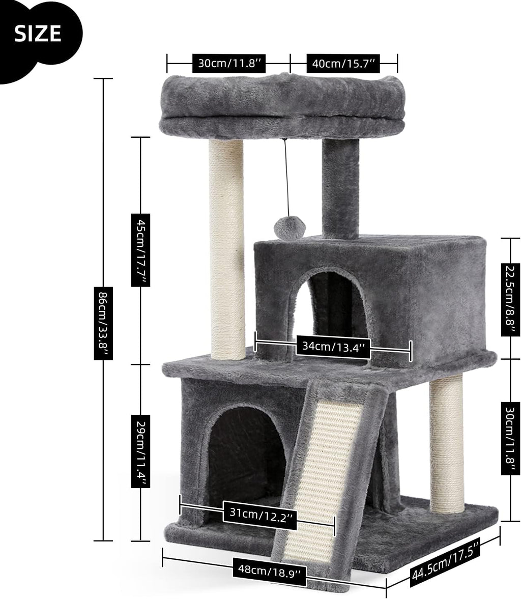 Deluxe 34-Inch Multilevel Cat Tree with Double Condos, Spacious Perch, and Sisal-Wrapped Scratching Post - Gray