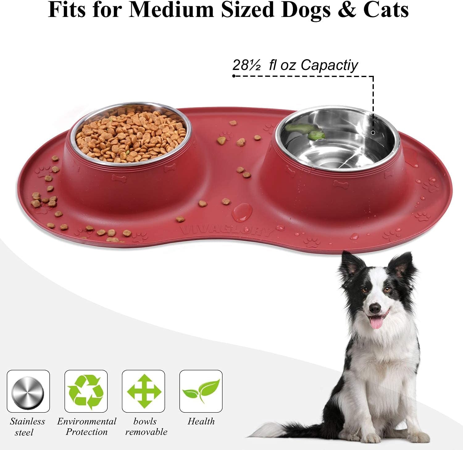 Elevate Your Pet's Dining Experience with Our Stylish Double Stainless Steel Dog Bowls and Non-Slip Silicone Mat in Burgundy