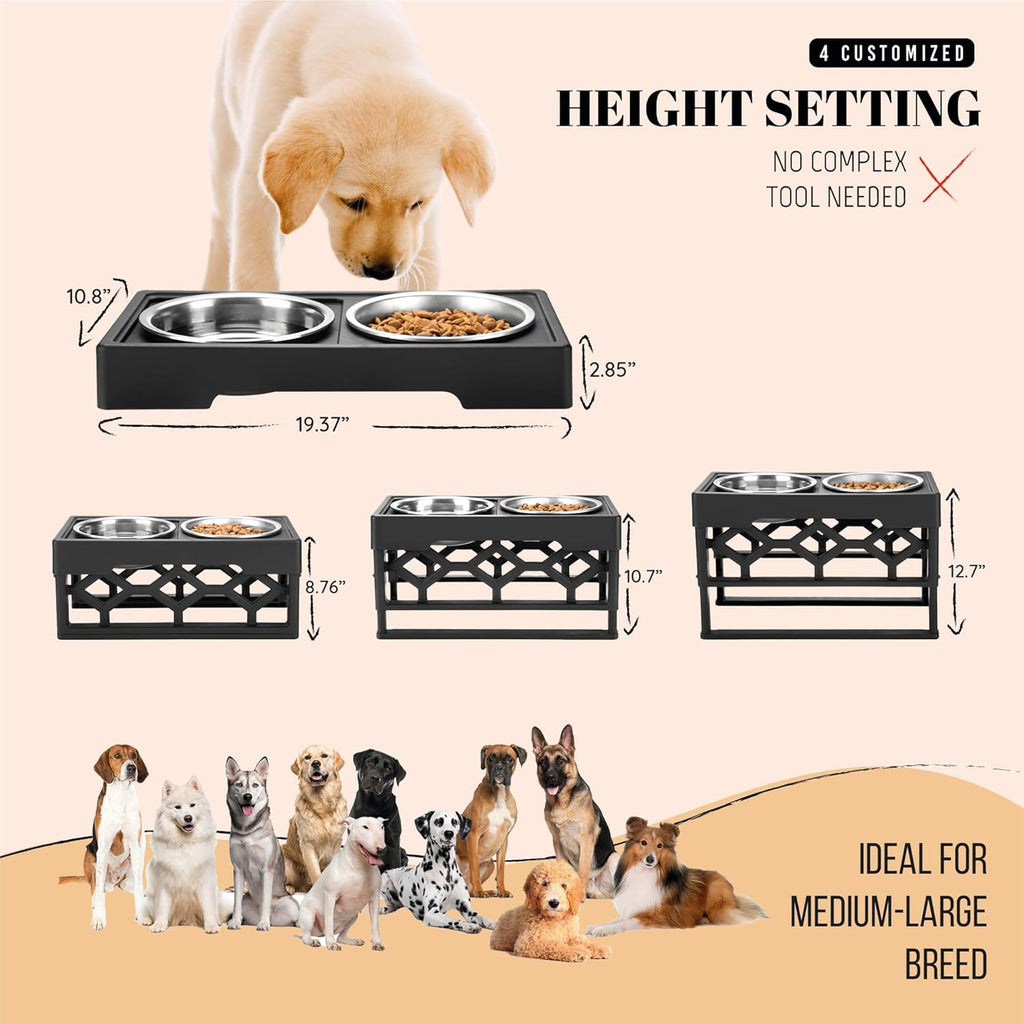 Adjustable Elevated Dog Bowls for Medium to Large Dogs - Raised Feeder with 2 Stainless Steel Bowls and Anti-Slip Base